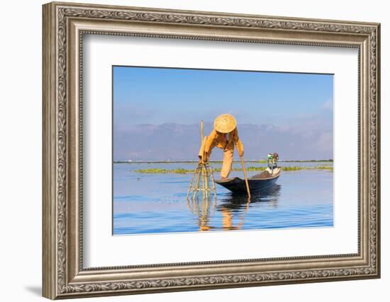 Fisherman with traditional conical net on boat, Lake Inle, Shan State, Myanmar (Burma)-Jan Miracky-Framed Photographic Print