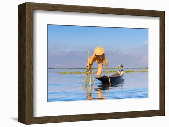Fisherman with traditional conical net on boat, Lake Inle, Shan State, Myanmar (Burma)-Jan Miracky-Framed Photographic Print