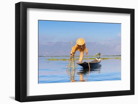 Fisherman with traditional conical net on boat, Lake Inle, Shan State, Myanmar (Burma)-Jan Miracky-Framed Photographic Print