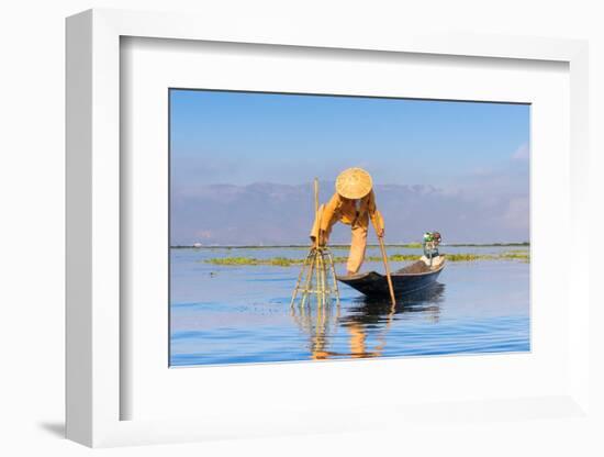 Fisherman with traditional conical net on boat, Lake Inle, Shan State, Myanmar (Burma)-Jan Miracky-Framed Photographic Print