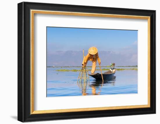 Fisherman with traditional conical net on boat, Lake Inle, Shan State, Myanmar (Burma)-Jan Miracky-Framed Photographic Print