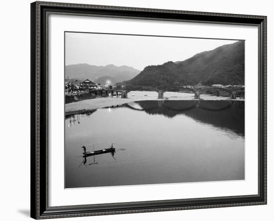 Fishermen and Historic Bridge, Iwakuni, Japan-Walter Bibikow-Framed Photographic Print