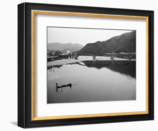 Fishermen and Historic Bridge, Iwakuni, Japan-Walter Bibikow-Framed Photographic Print