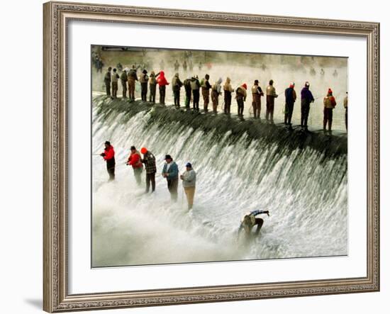 Fishermen Brave the Cold Waters at Bennett Spring State Park for a Chance to Catch Trout-null-Framed Photographic Print