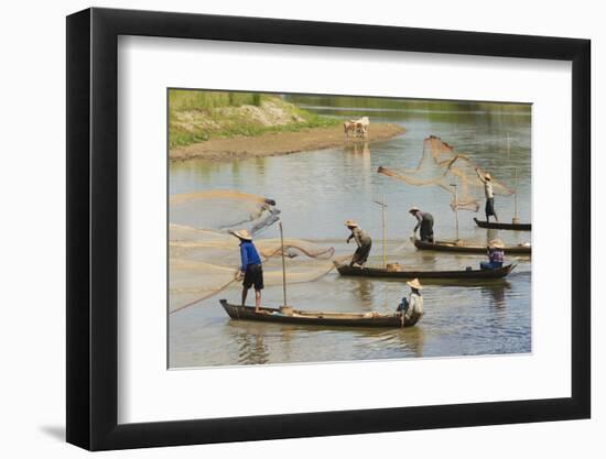 Fishermen fishing on the river, Bago, Bago Region, Myanmar-Keren Su-Framed Photographic Print