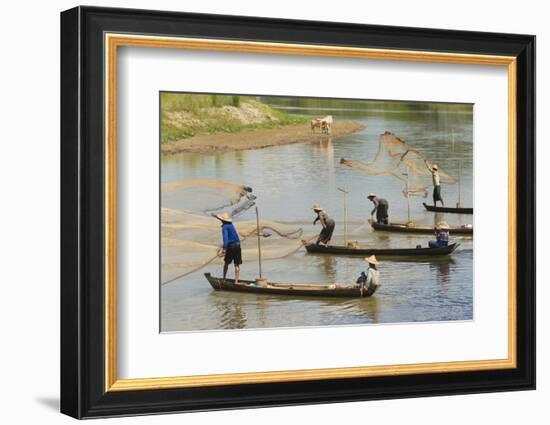 Fishermen fishing on the river, Bago, Bago Region, Myanmar-Keren Su-Framed Photographic Print