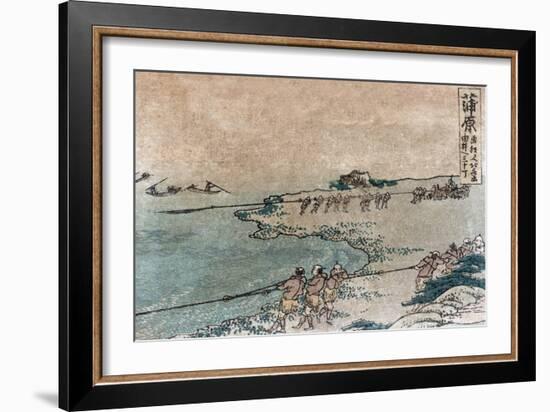 Fishermen Pulling Ashore Fish Nets, Japanese Wood-Cut Print-Lantern Press-Framed Art Print