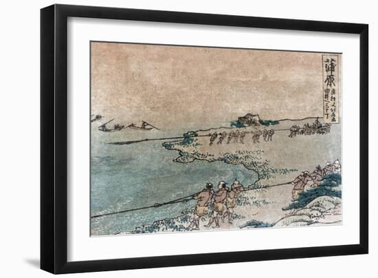 Fishermen Pulling Ashore Fish Nets, Japanese Wood-Cut Print-Lantern Press-Framed Art Print