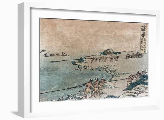 Fishermen Pulling Ashore Fish Nets, Japanese Wood-Cut Print-Lantern Press-Framed Art Print