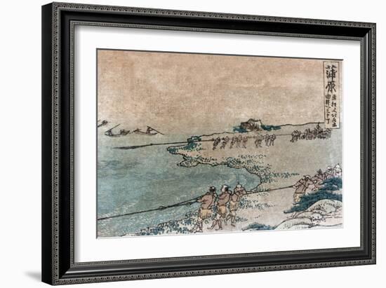 Fishermen Pulling Ashore Fish Nets, Japanese Wood-Cut Print-Lantern Press-Framed Art Print