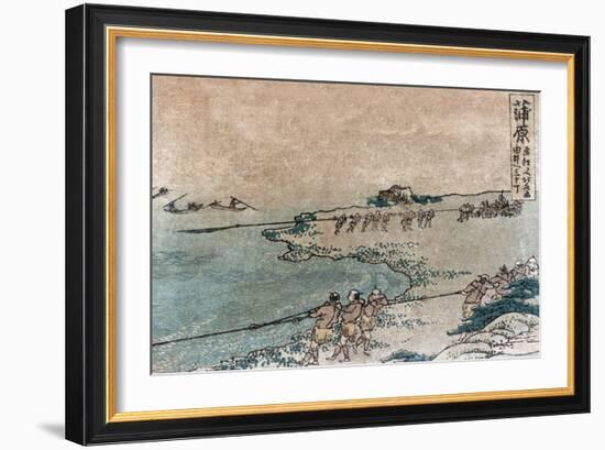 Fishermen Pulling Ashore Fish Nets, Japanese Wood-Cut Print-Lantern Press-Framed Art Print