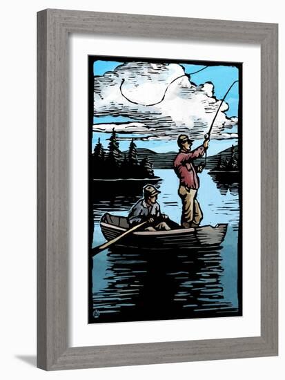 Fishermen - Scratchboard-Lantern Press-Framed Art Print