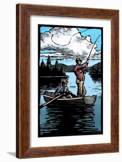 Fishermen - Scratchboard-Lantern Press-Framed Art Print