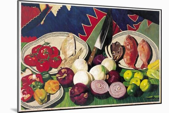Fishes with Knife, Lemons and Vegetables, 2005-Pedro Diego Alvarado-Mounted Giclee Print