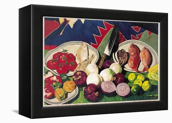 Fishes with Knife, Lemons and Vegetables, 2005-Pedro Diego Alvarado-Framed Premier Image Canvas