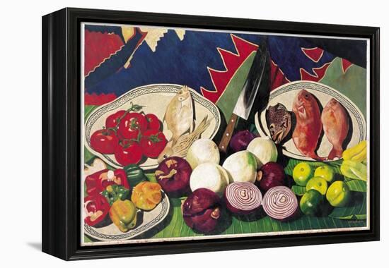 Fishes with Knife, Lemons and Vegetables, 2005-Pedro Diego Alvarado-Framed Premier Image Canvas