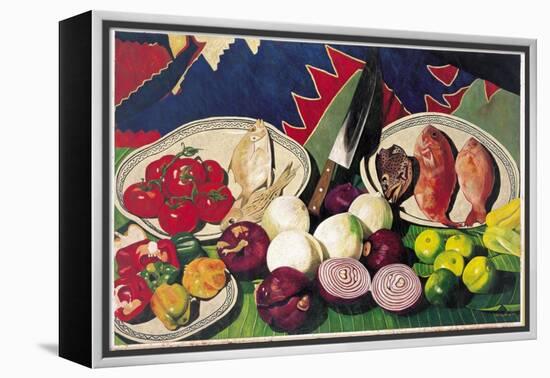 Fishes with Knife, Lemons and Vegetables, 2005-Pedro Diego Alvarado-Framed Premier Image Canvas