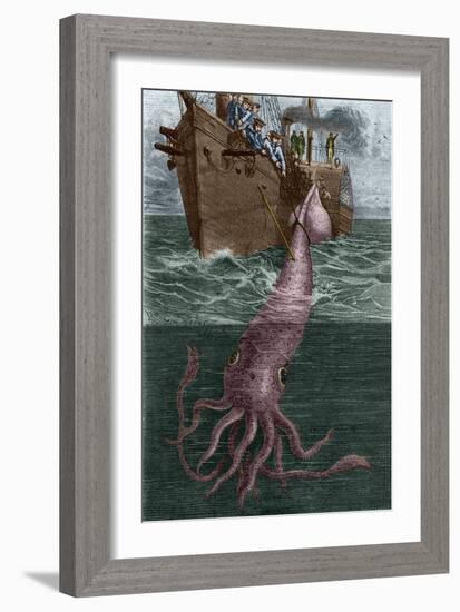 Fishing a Gigantic Squid by the French Corvette L'alecton in the Vicinity of Teneriffe in 1861. Eng-Unknown Artist-Framed Giclee Print