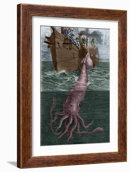 Fishing a Gigantic Squid by the French Corvette L'alecton in the Vicinity of Teneriffe in 1861. Eng-Unknown Artist-Framed Giclee Print