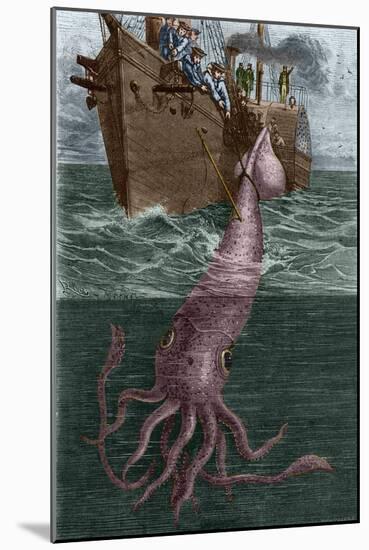 Fishing a Gigantic Squid by the French Corvette L'alecton in the Vicinity of Teneriffe in 1861. Eng-Unknown Artist-Mounted Giclee Print