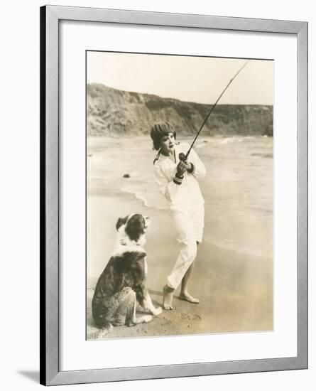 Fishing at the Beach with Her Dog-null-Framed Photo