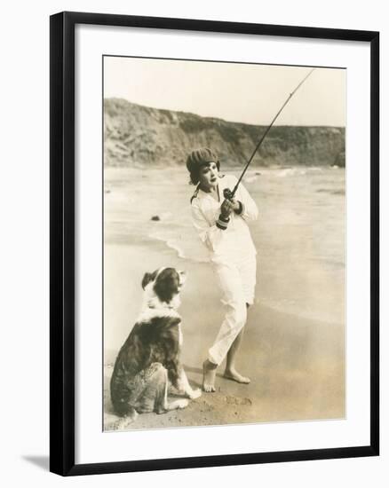 Fishing at the Beach with Her Dog-null-Framed Photo