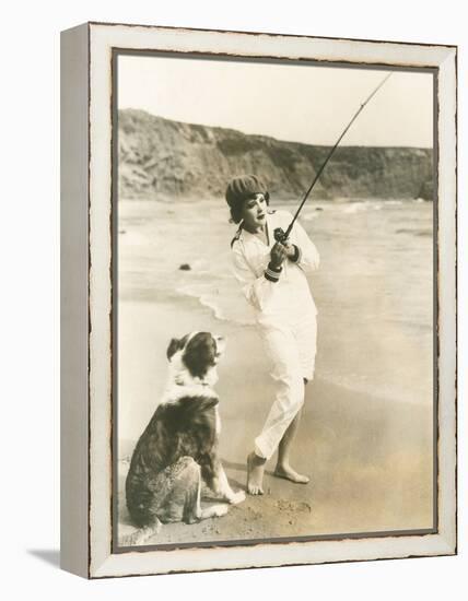 Fishing at the Beach with Her Dog-null-Framed Stretched Canvas