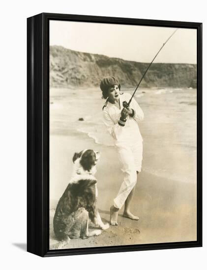 Fishing at the Beach with Her Dog-null-Framed Stretched Canvas