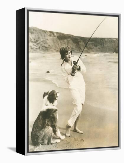 Fishing at the Beach with Her Dog-null-Framed Stretched Canvas