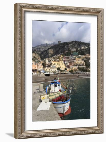 Fishing Boat at Quayside and Positano Town, Costiera Amalfitana (Amalfi Coast), Campania, Italy-Eleanor Scriven-Framed Photographic Print