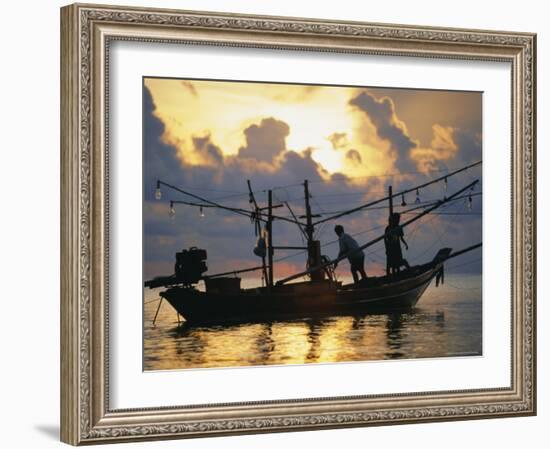 Fishing Boat at Sunrise at Haad Rin Beach, Koh Pha Ngan, Thailand-Robert Francis-Framed Photographic Print