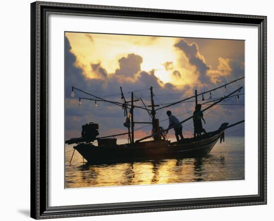 Fishing Boat at Sunrise at Haad Rin Beach, Koh Pha Ngan, Thailand-Robert Francis-Framed Photographic Print