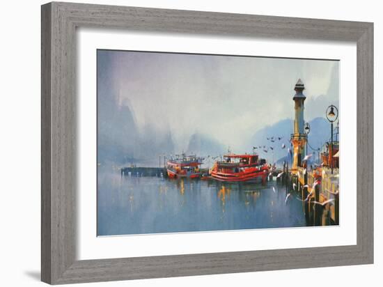 Fishing Boat in Harbor at Morning,Watercolor Painting Style-Tithi Luadthong-Framed Art Print