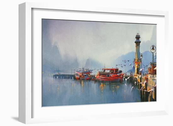 Fishing Boat in Harbor at Morning,Watercolor Painting Style-Tithi Luadthong-Framed Art Print