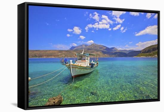 Fishing boat, Limeni, Mani Peninsula, The Peloponnese, Greece-Neil Farrin-Framed Stretched Canvas