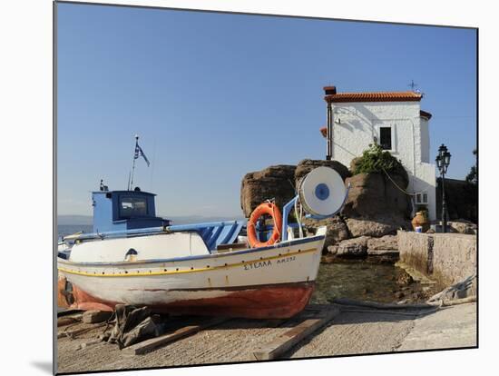 Fishing Boat Stella on Ramp Near Small Chapel at Skala Sikaminia, Lesbos (Lesvos), Greece-Nick Upton-Mounted Photographic Print