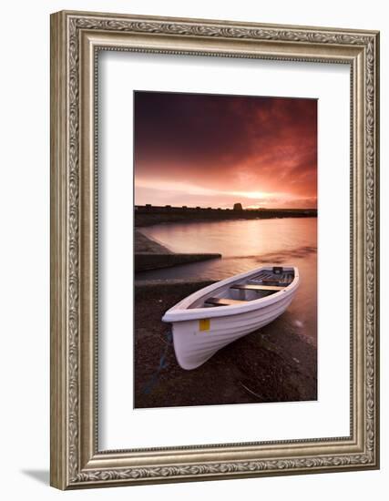 Fishing boat tethered on the shores of the Usk Reservoir at sunrise, Brecon Beacons National Park, -Adam Burton-Framed Photographic Print