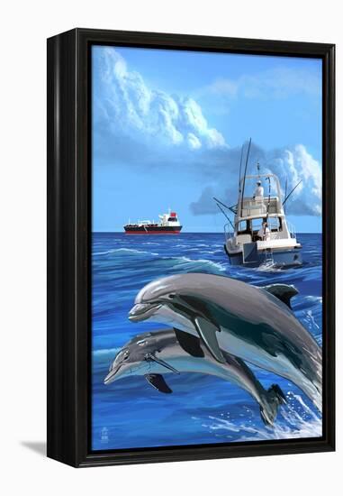 Fishing Boat with Freighter and Dolphins-Lantern Press-Framed Stretched Canvas