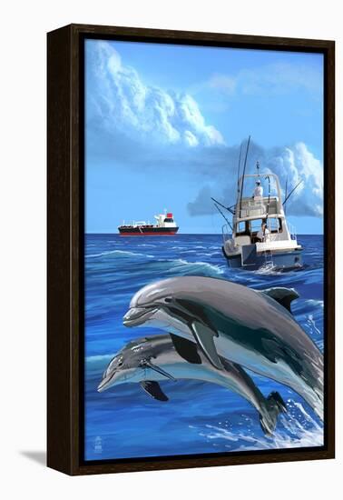 Fishing Boat with Freighter and Dolphins-Lantern Press-Framed Stretched Canvas