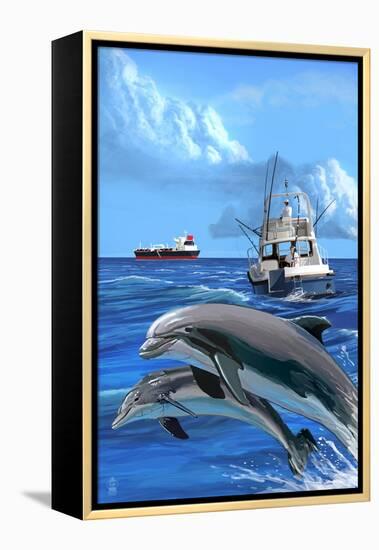 Fishing Boat with Freighter and Dolphins-Lantern Press-Framed Stretched Canvas