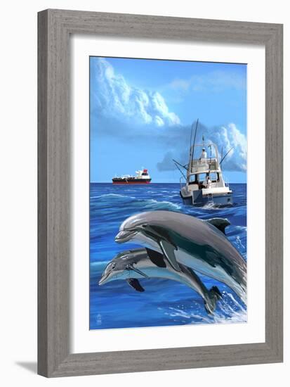 Fishing Boat with Freighter and Dolphins-Lantern Press-Framed Art Print