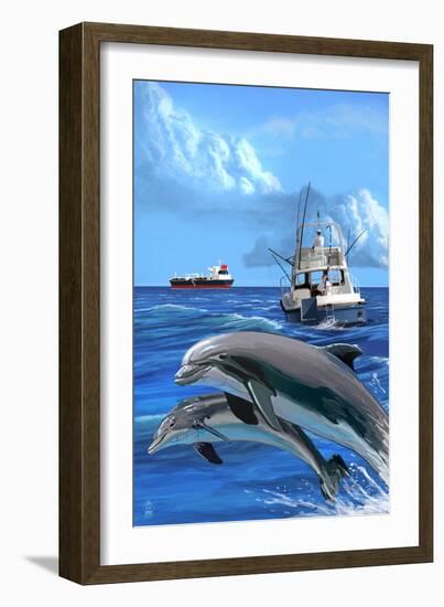 Fishing Boat with Freighter and Dolphins-Lantern Press-Framed Art Print