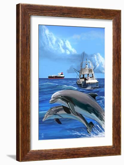 Fishing Boat with Freighter and Dolphins-Lantern Press-Framed Art Print