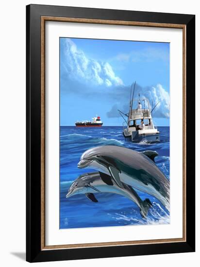 Fishing Boat with Freighter and Dolphins-Lantern Press-Framed Art Print