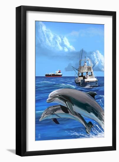 Fishing Boat with Freighter and Dolphins-Lantern Press-Framed Art Print