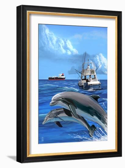 Fishing Boat with Freighter and Dolphins-Lantern Press-Framed Art Print