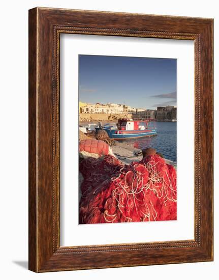 Fishing boats and fishing net at the port, old town, Gallipoli, Lecce province, Salentine Peninsula-Markus Lange-Framed Photographic Print