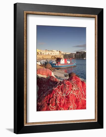 Fishing boats and fishing net at the port, old town, Gallipoli, Lecce province, Salentine Peninsula-Markus Lange-Framed Photographic Print