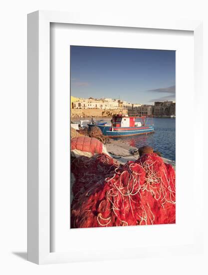 Fishing boats and fishing net at the port, old town, Gallipoli, Lecce province, Salentine Peninsula-Markus Lange-Framed Photographic Print