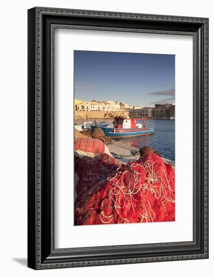 Fishing boats and fishing net at the port, old town, Gallipoli, Lecce province, Salentine Peninsula-Markus Lange-Framed Photographic Print